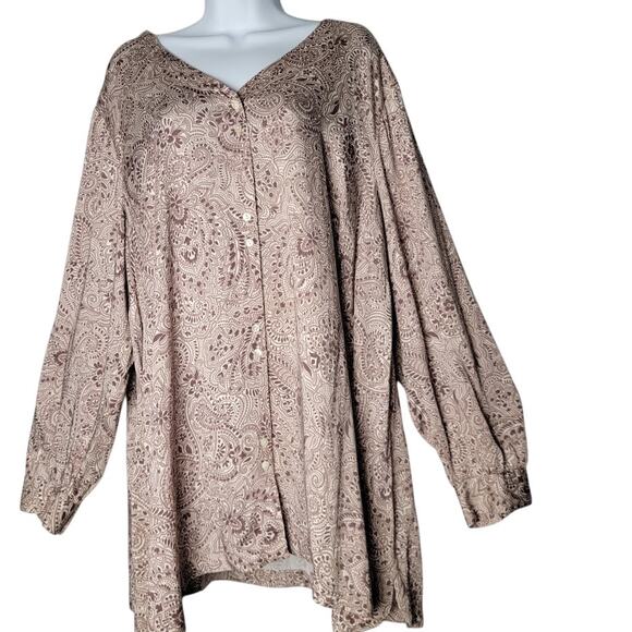 Pure Jill Women’s Top 3X Brown Paisley Blouse Soft Viscose EcoVero Plus Size - Picture 1 of 12